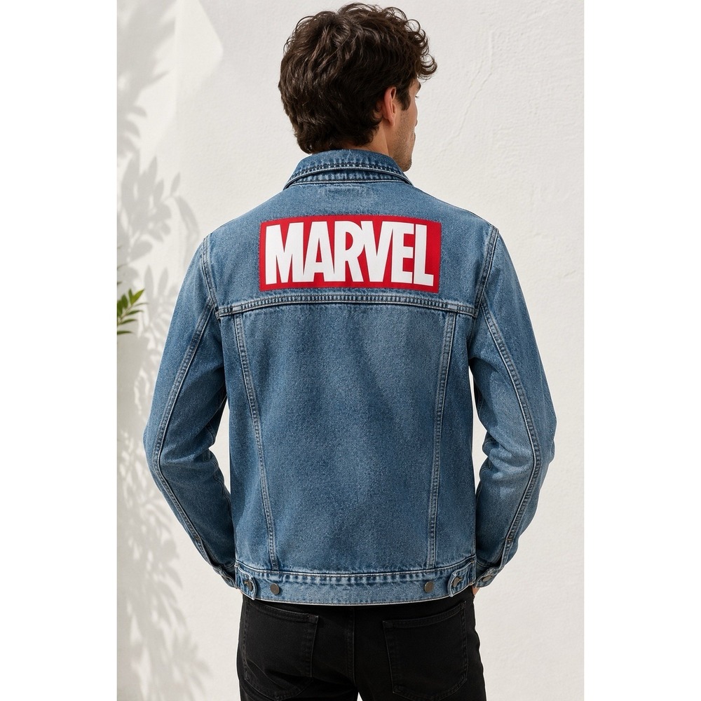 H&M Divide Marvel Denim Jacket Small Blue Trucker Jean Logo Back